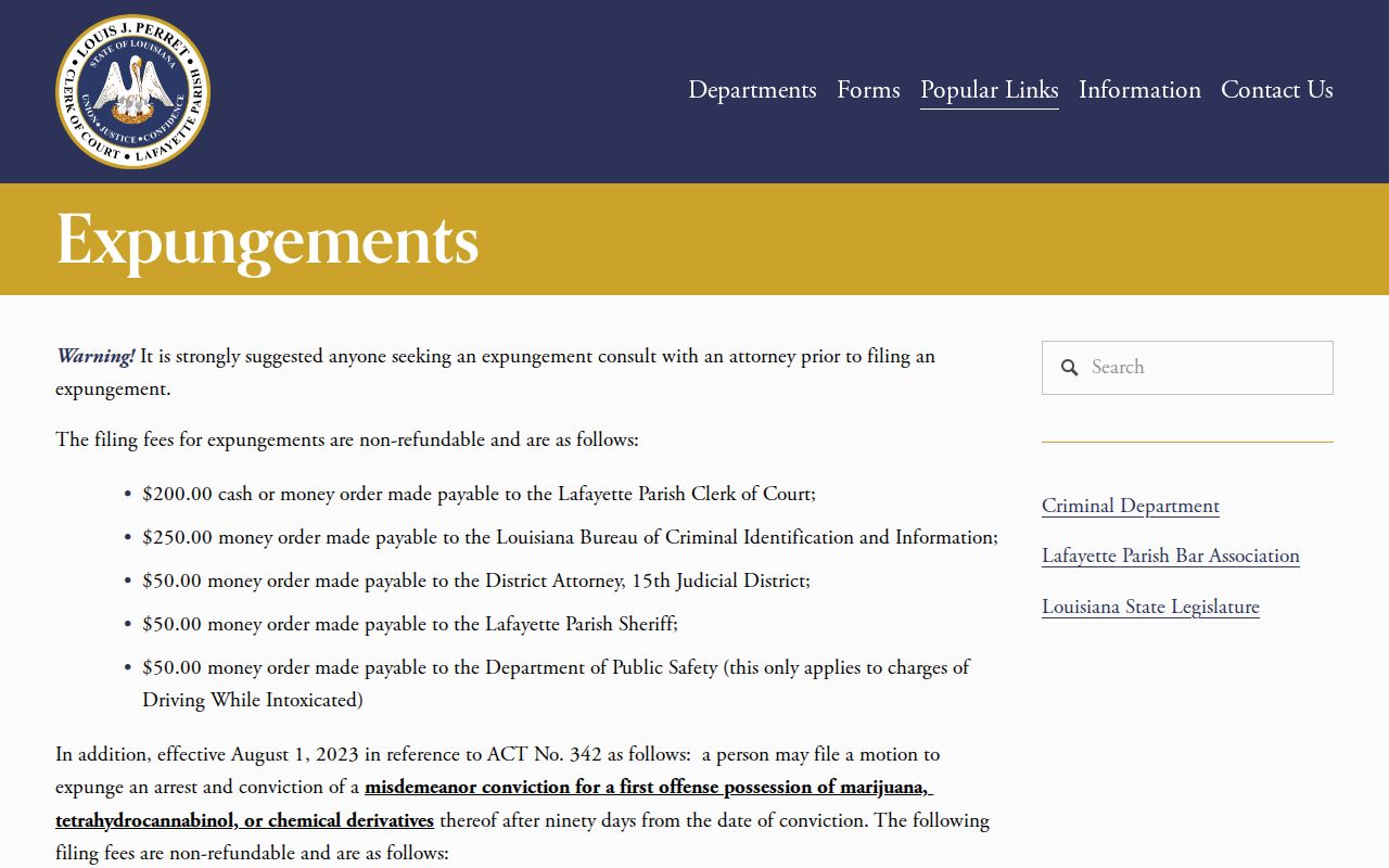 Lafayette Parish expungement filing and release record access information