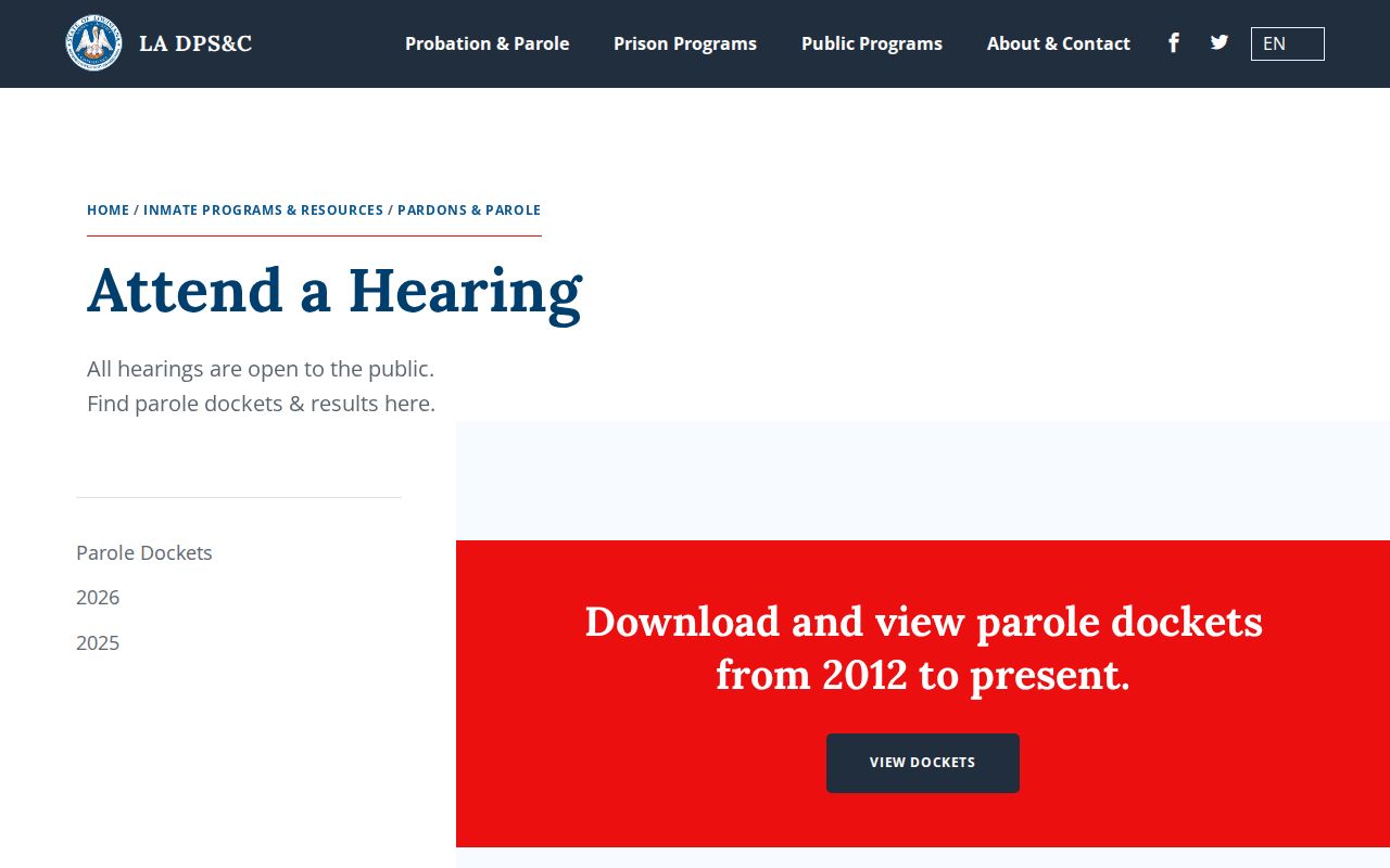 Lafayette Parish parole hearing dockets and release decision results page
