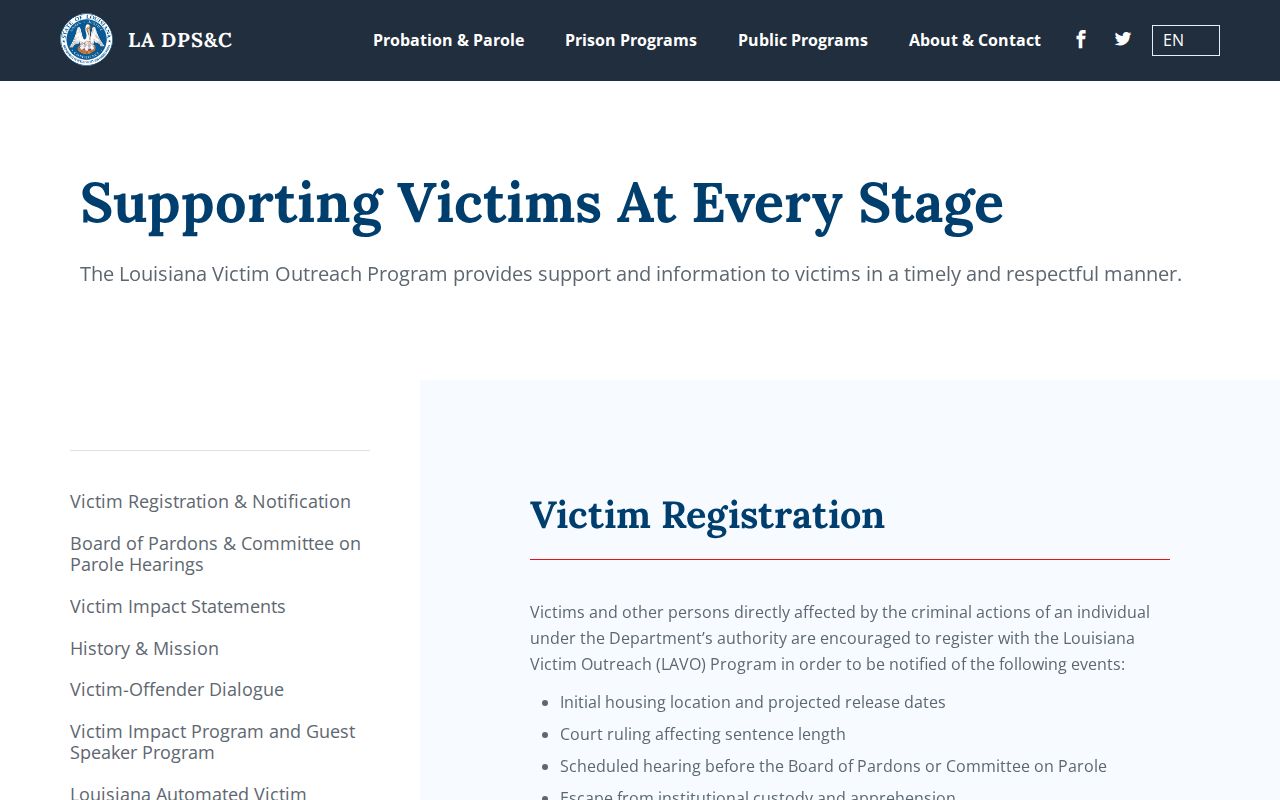 Louisiana two-track victim notification for Lafayette Parish release events